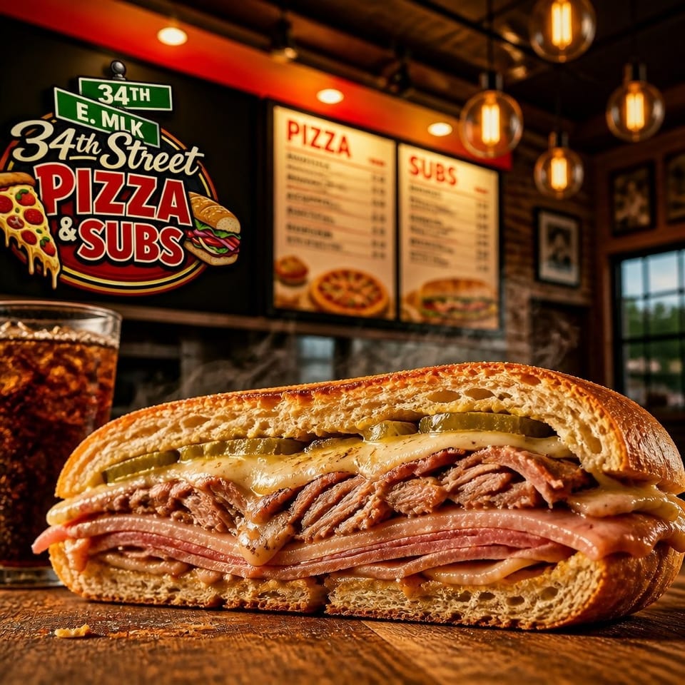 Loaded deli sandwich with layered meats, melted cheese, and pickles beside a drink in a warmly lit 34th Street Pizza & Subs restaurant.