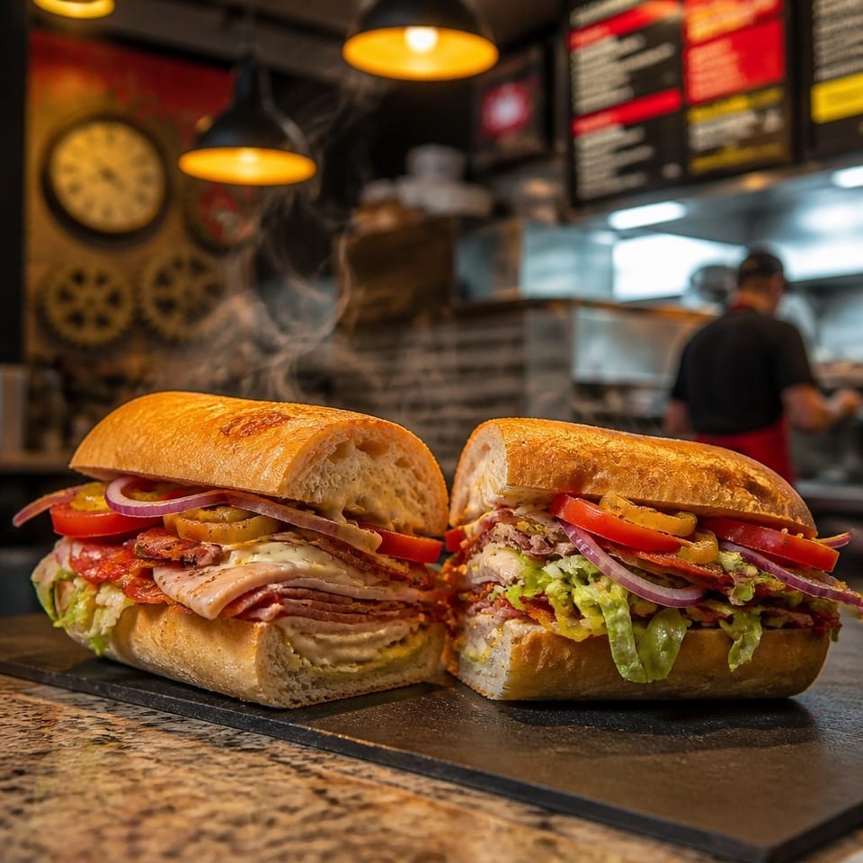 Two toasted deli sandwiches with sliced meats, cheese, tomatoes, onions, pickles, and lettuce on a counter in a warmly lit restaurant.