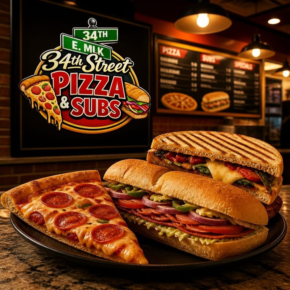 Pepperoni pizza slice and loaded subs on a platter, displayed inside 34th Street Pizza & Subs beneath a street-sign logo.