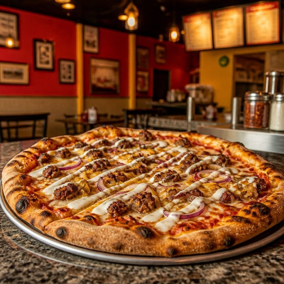 Large cheesy pizza topped with sausage, mushrooms, onions, and drizzled sauce in a warmly lit restaurant.