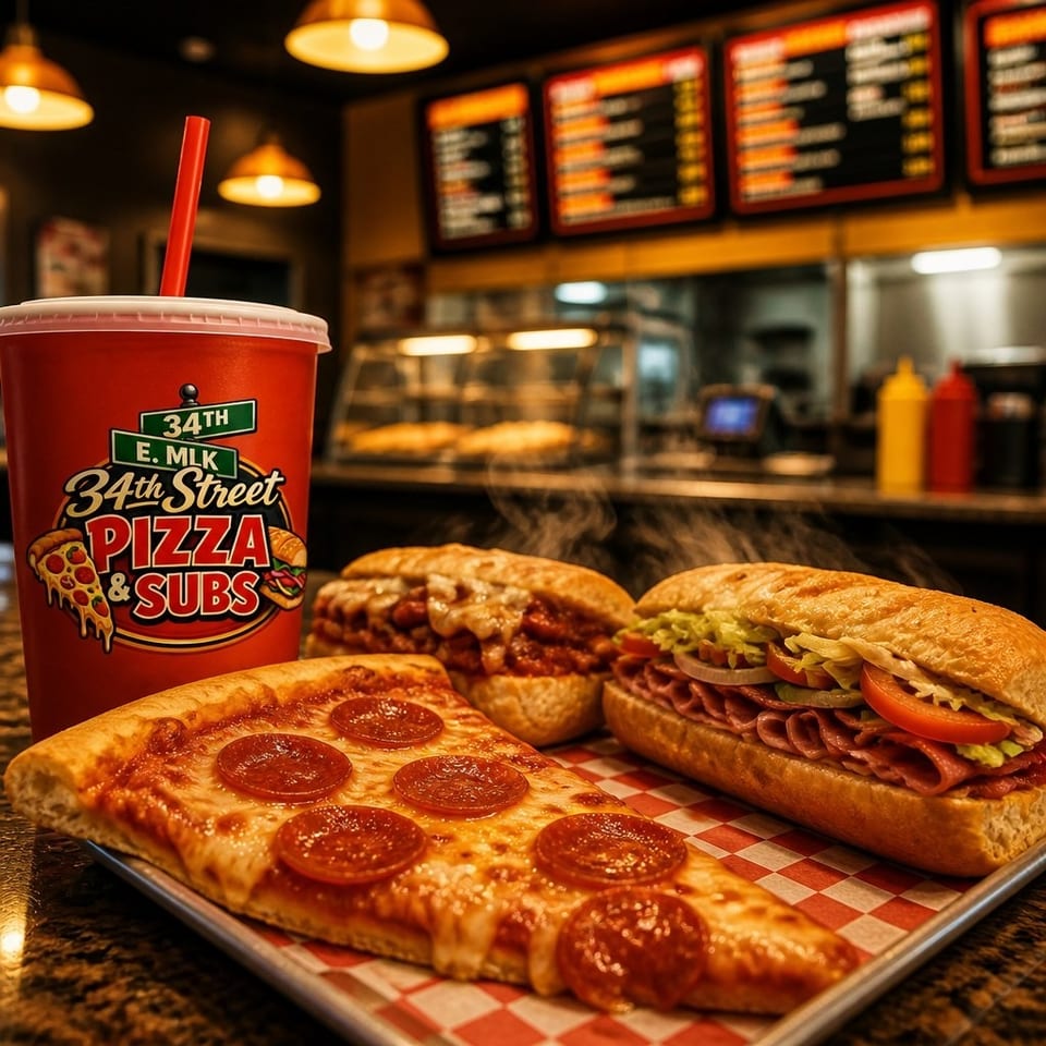 Pepperoni pizza, loaded subs, and a branded drink sit on a checkered tray inside a warmly lit pizza shop.