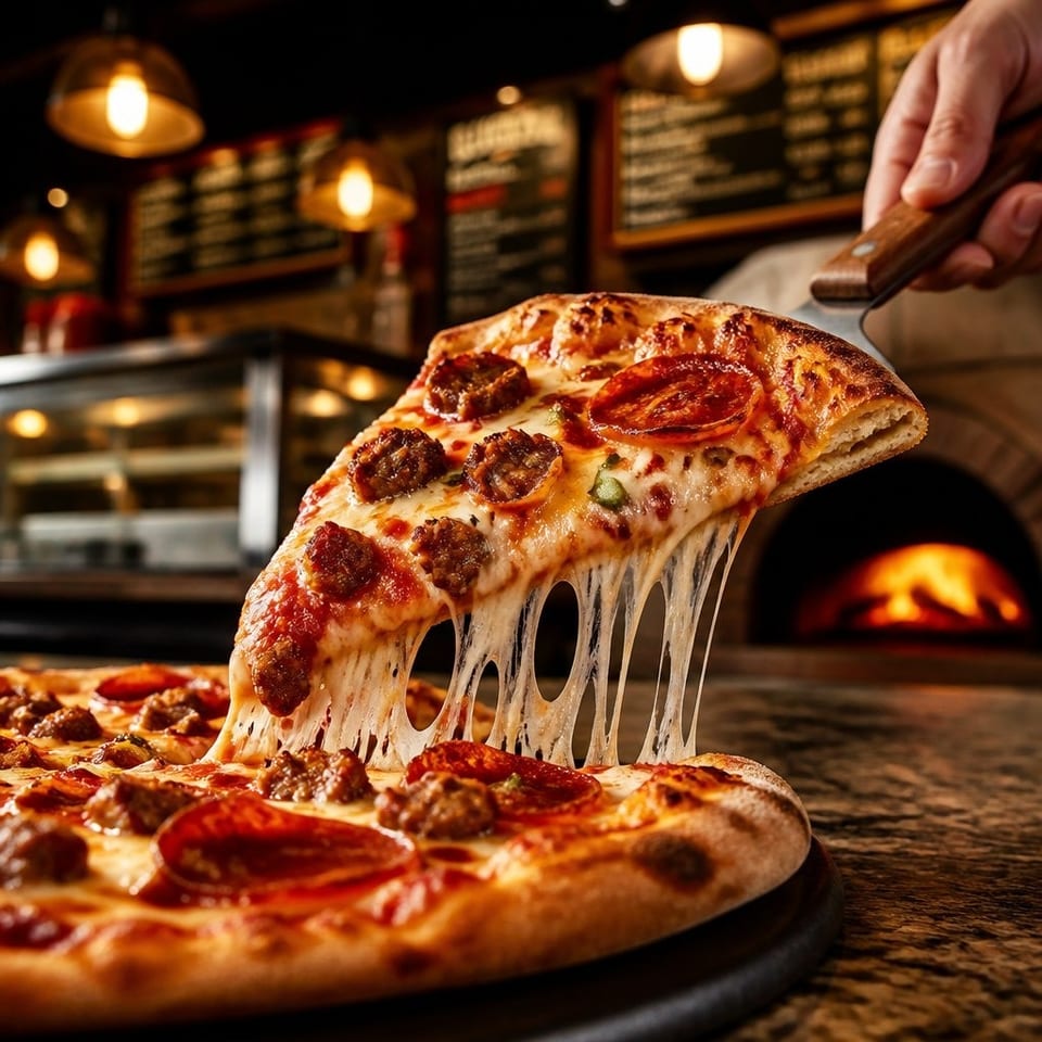 A hand lifts a cheesy pepperoni and sausage pizza slice over a whole pizza in a warmly lit wood-fired restaurant.